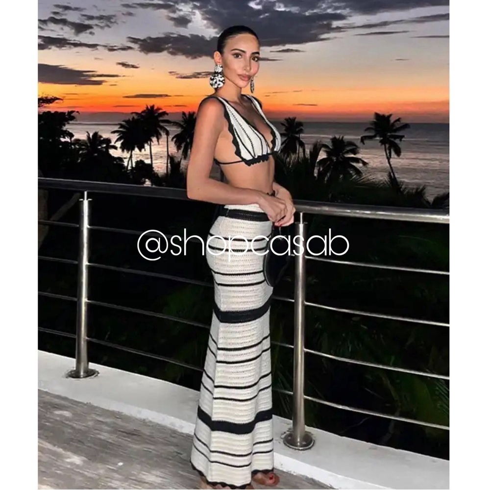 5⭐️CASA B|  Mirabella Triangle Top & Midi Skirt Knit Set in Ivory/ black - Picture 3 of 12